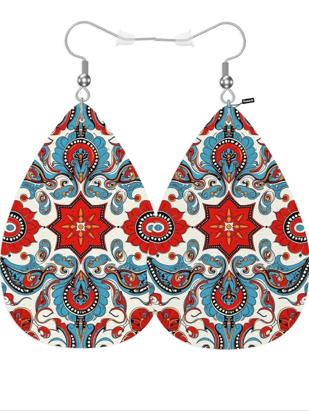 Red & Turquoise Teardrop Patterned Earrings - Women Accessories